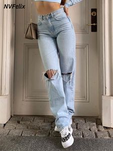 Women's Jeans Womens Loose Fit Jeans Ripped Wide Leg For Women High Waist Blue Wash Casual Cotton Denim Trousers Summer Baggy Jean Pants 230516