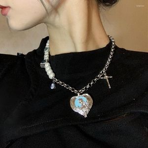 Kedjor mwsonya mode koreansk pärla målad hantverk kärlek hjärthänge halsband för kvinnor kors temperament partyjewelry crystal