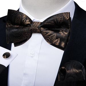 Bow Ties Black Brown Men's Paisley Tie and Pocket Square Cufflinks For Man Business Wedding Causal Pre-bundet Bowtie Accessory