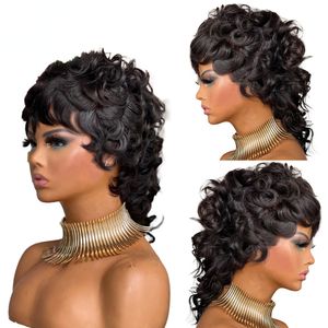 Deep Wave Short Pixie Cut Wigs With Bangs Brazilian 180%Density Glueless Full Lace Front Human Hair Wigs For Women