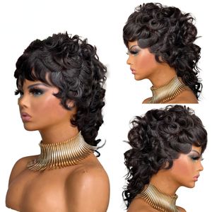 Deep Wave Short Pixie Cut Wigs с челками бразильцы на 180%плотность безумно безумно