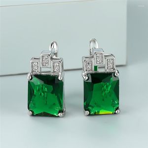 Kolczyki Dangle Luksusowe zielone zielone kryształowy kamień klasyczny srebrny klips prosty ślub squarel dla kobiet