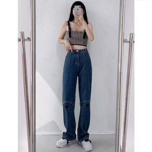 Jeans femininos não reais de outono e bordado de inverno Love Straight Loose Hanging