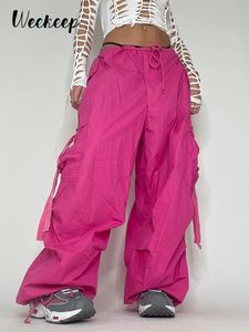 Pantaloni da donna Capris Weekeep Cargo oversize Pantaloni sportivi estivi Nastro con lacci a vita bassa Chic Pink Casual Streetwear 230516