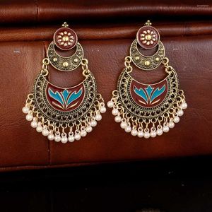 Brincos de mergulho de feminina étnica Flor rosa Crescente Bollywood Kundan Jhumka jóias de jóias de jóias Tassel Gypsy Gypsy