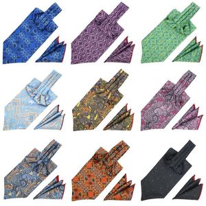 弓のネクタイYishline Men's Luxury Silk Ascot Cravat Cravat Tie Hantkerchief set Plaids Paisley Pocket Square Sets for Wedding Party