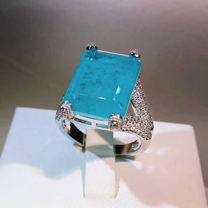 Bandringar 2022 Nya mode Paraiba Emeralds Couples Ring For Women Sapphire Rectangle Full Of Diamonds Engagement Anniversary Gift Jewelry J230517