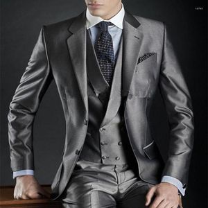 Men's Suits Latest Coat Pant Designs Grey Single Breasted Satin Men Italian Jacket Custom Groom Slim Fit Tuxedo 3 Pieces Suit