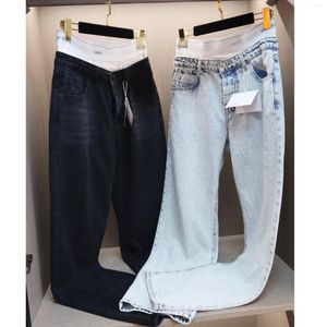 Vår- och sommar elastiska dubbla midja jeans personlig knapp rak byxor kvinnlig