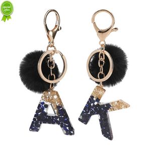 New Black Pompom Letter Keychain Glitter Gradient Resin A-Z Initials Alphabet Keyring Pendant Women Handbag Phone Decorative Gift