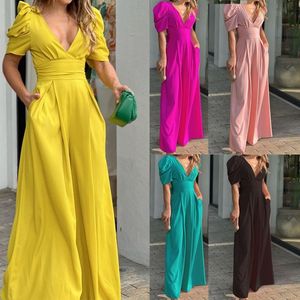 Kvinnor Jumpsuits Rompers Two Piece Pants Summer Sexig solid hög midja bred ben mode vneck kort ärm Slim fit elegant 230516