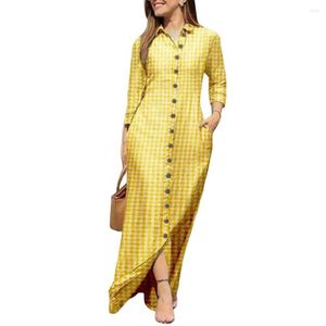 Casual Dresses Lapel Long Sleeve Shirt Dress Women Pockets Floor-Length Maxi Autumn Single Breasted Plaid Print