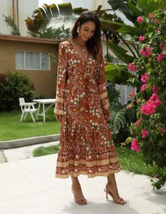 European and American Bohemian floral long dress with ethnic style waistband V-neck dress and beach skirt A77-35454