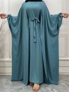 Этническая одежда 3 штуки, соответствующие наряду мусульманские наборы Crinkle Crepe Abayas для женщин Дубай Турция Открыть абайя Хиджаб, платья