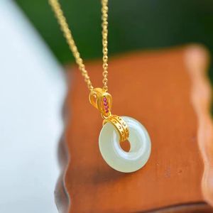 Chinese Style Peaceful Round Jade Pendant Necklace 18K Gold Plated Jewelry