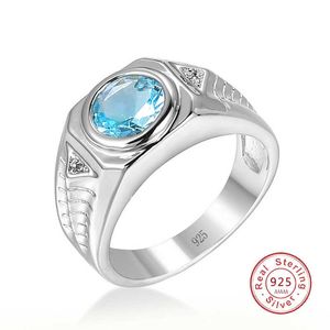 Anéis de banda Men Aquamarine Gemtones Blue Zircon Rings For Men Vintage Luxury S925 Sterling Silver Jewelry Bijoux Bague para presentes J230517