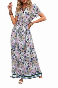 Botões roxos Fechar as mangas curtas florais vestido maxi m5fv#