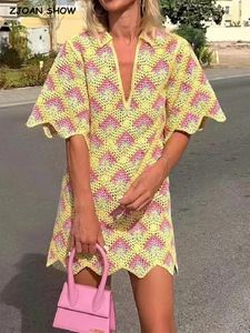 Sukienki 2022 Boho geometryczne rombus krwinki szydełkowe na półbłaska sukienka Sukiena Vintage Kobiety Lapel nieregularne hem mini wakacje