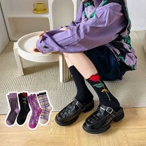 Socks Hosiery Flower embroidered female socks fashion purple female socks girl harajuku streetwear japanese cute long socks P230517