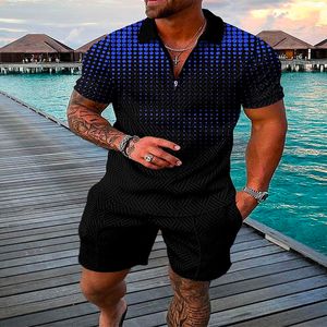 Mens Tracksuits Summer Business Zipper Polo Suit Fashion Print Slim Short Sleeve and Casual Shorts Clothing 2Piece Set 230516