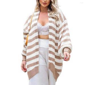 Women's Knits Women Knitted Cardigan Colored Stripe Loose Batwing Sleeve Autumn Winter Elegant Long Sweater Coat Streetwear