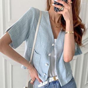 Women's Jackets V-Neck Button Up Women Summer Thin Tweed Jacket With Pocket Top Coat Ladies Outfits Sexy Y2k Korean Clothing Blusas Short