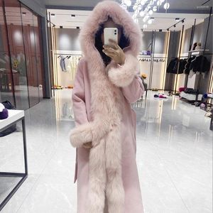 Women's Wool Ladies Coats Winter Cashmere Coat With Fur Hood Casual Fashion Real Trim Cardigan Long Women Korean Style