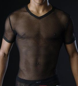 Мужчины Т -рубашки Прозрачная сетка Смотри сквозь вершины майки сексуальный мужчина футболка v Seck Singlet Gay мужская повседневная одежда футболка.