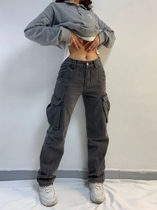 Kadın Kotu Kargo Düz Geniş Sokak Fermuarı Cep Düğmesi Günlük Uzun Jeansleg Jeans Yüksek Bel Retro Kargo Pantolonları Kadın Kot pantolon 230516