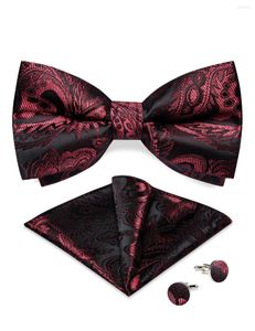 Bow Ties Luxury Red Black Paisley Adjustable For Man Wedding Business Fashion Pre-tied Men's Bowties Handkerchief Cufflinks Sets