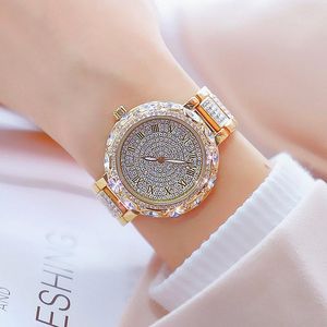 Armbandsur BS Kvinnor tittar på lyxiga Rhinestone Gold Armband Watch Singapore Quartz Movement Waterproof Ladies Dress Relogio Feminino