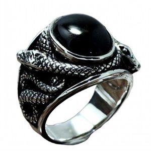 Band Rings Punk blk Gem Stone Ring for Men Vintage smycken Ancient Silver Color Cross Snake Carved Metal Oval Zircon Finger Gift