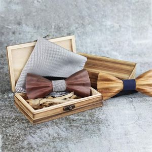 Bow Ties Erkek 3d Ahşap Bowtie Cep Square Cufflinks Set Kahverengi Siyah Jacquar