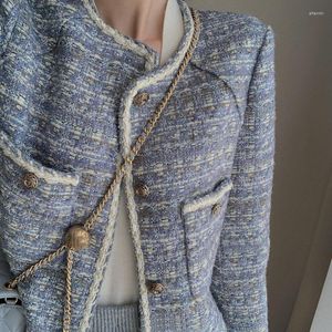 Damenjacken, kurze Jacke aus französischem Tweed, Damen-Frühling und Herbst, vielseitig einsetzbar, Little Fragrance, Celebrity Wind Lake Blue Top