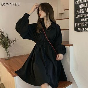 Elbiseler Elbise Kadın Kore Elastik Bel Tasarımı Vintage Siyah Basit Yaz Kadınları Vestidos Fener Sleeve Modaya Modeli Tiki Kızlar