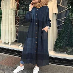 Tops New Summer Muslim Vintage plaid Blouse for Women Simple Cotton Linen Long Shirt Saudi Arabia Islam Femme Tops Lady Shirt Dresses