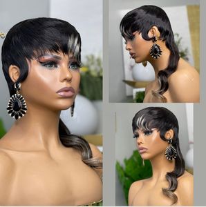 Nova India Virgin Human Human Pixie Cut Wigs com Bangs Destaques de Glueless Wig Loira Sem Perucas de ondas corporais de ombre de renda cheia para mulheres negras