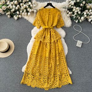 French haute couture hollowed out hook lace short sleeved dress with waistband showing a slim and elegant temperament light luxury long skirt