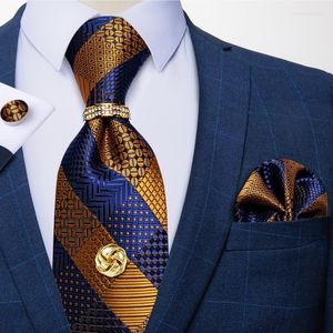 Bow Ties Formal Gold Blue Rands för män Silk Tie Set Hanky ​​Cufflinks Tack Wedding Party Slitte Gift Dibangu