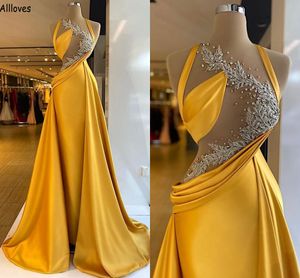 Leaf Embellishment Sequins Arabic Aso Ebi Evening Dresses Yellow Halter Sexy Hollow Out Long Mermaid Prom Party Gowns For Women Overskirts Satin Formal Wear CL2264