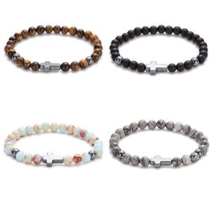 6 mm Stone Stone Ręcznie robione krzyżowe pasma Bracelets Party Club Elastyczna biżuteria dla mężczyzn kobiety