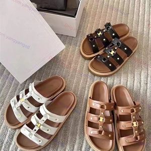 Großhandel Mode Designer Slides Flache Pantoletten Gummi Sandalen Triomphe Goldschnalle Riemen Slides TIPPI Kalbsleder Pflanzliche Schuhe Strand Plateau Hausschuhe Mit Box