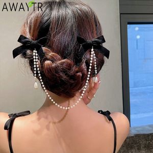 Headwear Hair Accessories AWAYTR Tassel Elegant Vintage Bow Pearl Chain Hairpins Sweet Hair Decorate Headband Hair Clips For Fashion Hair Accessories 230517