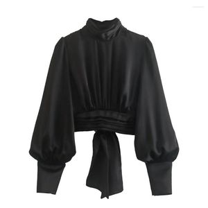 Women's Blouses COS LRIS 2023 Autumn Women's Clothing Black Fashion All-match Bow Decoration Silk Satin Texture Backless Design Top