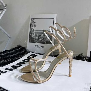 Rene Caovilla Cleo Margot مزينة Snake Strass Stiletto Heels Sandals Evening Shoes Women High Heeled Cheeled Oquury Complicers Wraparound Shoe Footh3G