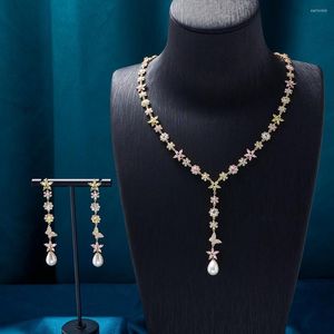 Collana Orecchini Set TIRIM 2 PZ Ciondolo Lungo Per Donna Colore Fiore Cubic Zircona Perle Gioielli Festa Nuziale Accessori Graziosi