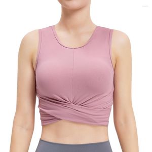 Active Shirts Women Soft Comfortable Compression Cropped Yoga Tank Tops With Pads Sexy Front Cross Camping Sports Running Fitness Vest