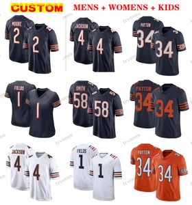 Mens Custom 1 Justin Fields Football Jerseys Womens Kids 2 DJ Moore Cole Kmet 11 Mooney Eddie Jackson Johnson Peterman Tonyan Darnell Wright Edmunds Claypool Payton