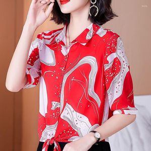 Women's Blouses Vintage Printed O-Neck All-match Bandage Bow Shirt Women's Clothing 2023 Summer Casual Tops Office Lady Asymmetrical