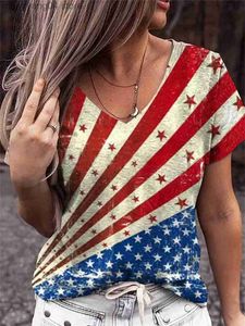 T-shirt feminina T-shirt Independence Day T-shirt American Flag Roupas de grandes dimensões Tees de decote em V Moda de manga curta Tops casuais Streetwear T230517